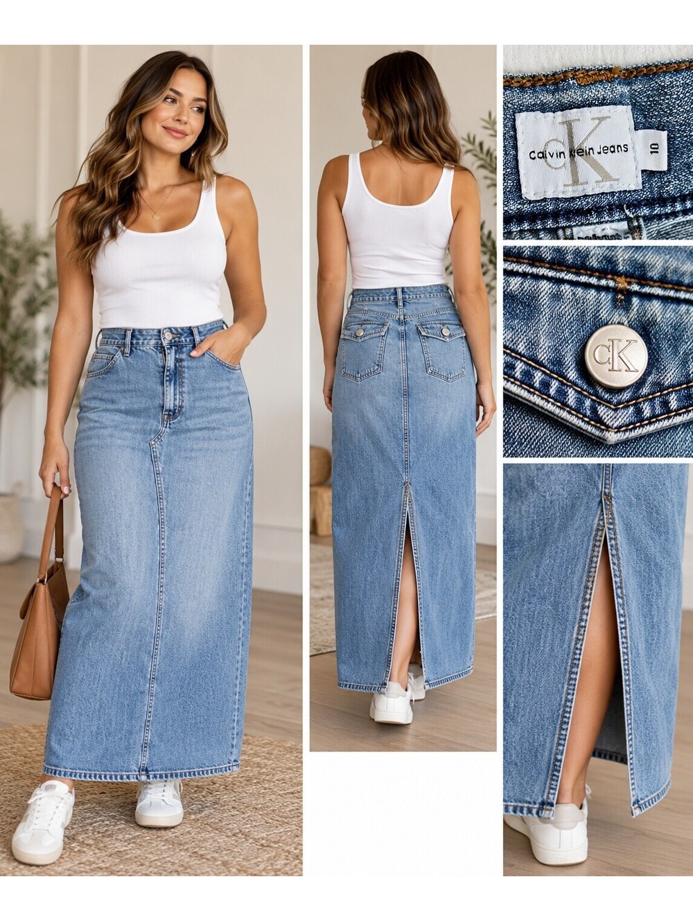 Calvin Klein Jeans Denim Maxi Skirt 10 Long Light Wash Slit 100% Cotton Y2K